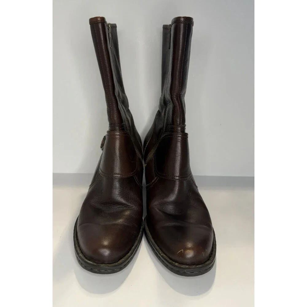 BORN BRAND LEATHER MID CALF ZIP UP/BUCKLE BROWN WOMENS BOOTSSZ 7.5